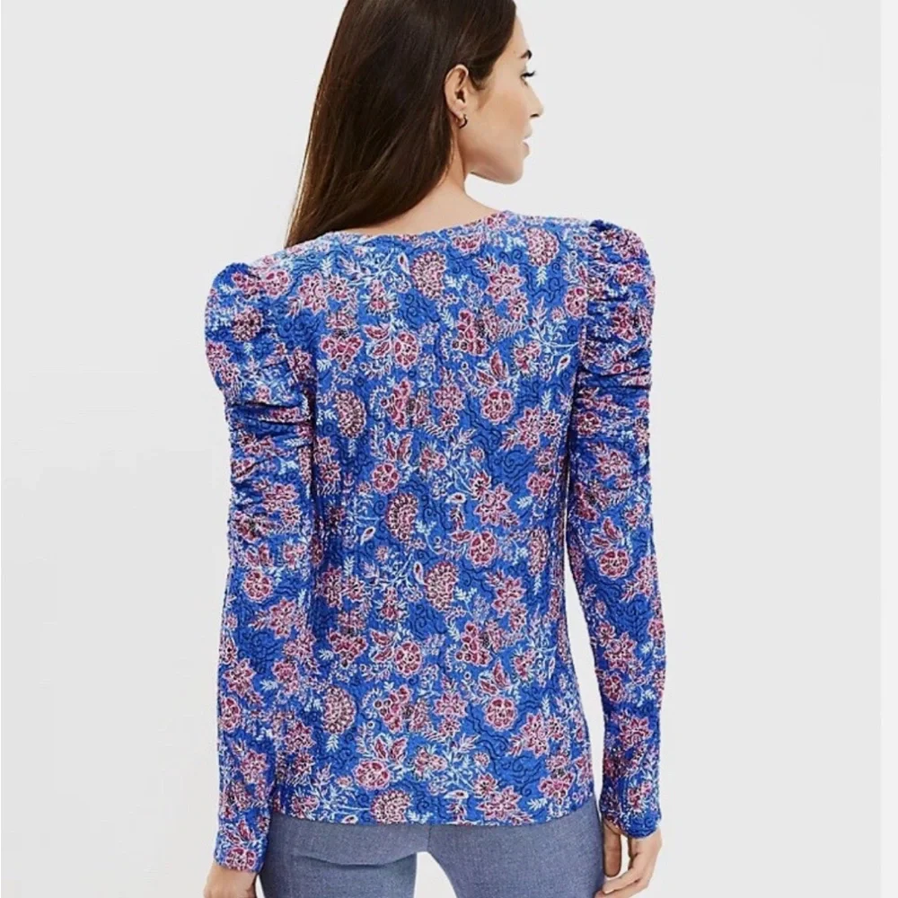 Ann Taylor LOFT Size XL NWT Garden Shirred Puff Long Sleeve Top Cerulean Star